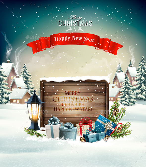 GraphicRiver Christmas Holiday Background With Presents and Wooden Board 21164326