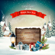 Christmas Holiday Background With Presents and Wooden Board