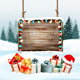 Christmas Holiday Background with Presents and Wooden Board