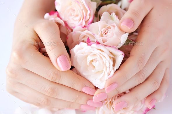 Hands of a woman with pink manicure on nails and roses