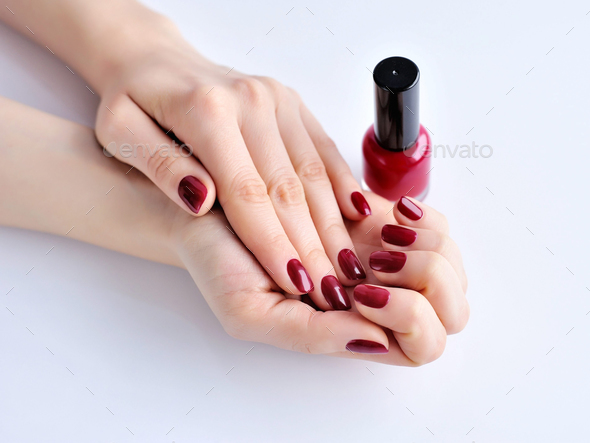 Photo of Closeup of Woman Hands With Purple Nail Polish | Stock Image  MXI23941