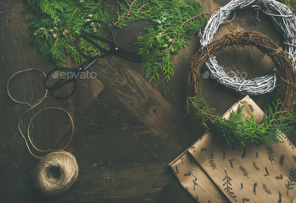 Flat-lay of Christmas and New Year decoration materials, top view - Stock Photo - Images