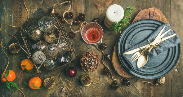 Christmas or New Years eve holiday table setting, top view - Stock Photo - Images