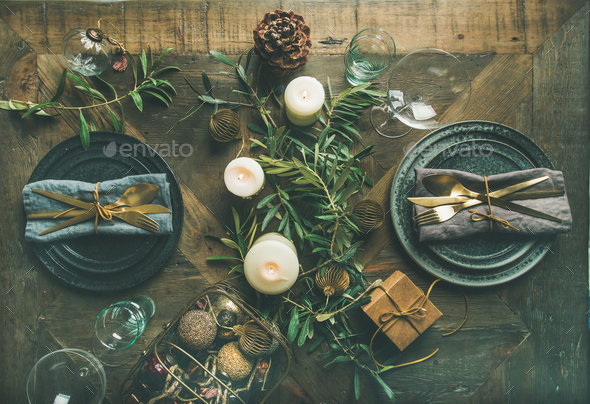 Christmas or New Years eve celebration party table setting - Stock Photo - Images