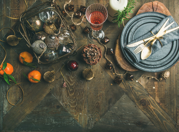 Christmas or New Years eve holiday table setting, copy space - Stock Photo - Images