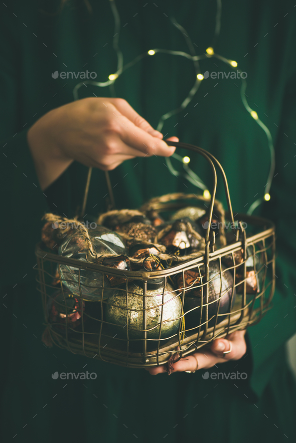 Christmas, New Year tree vintage toys in hands of woman - Stock Photo - Images