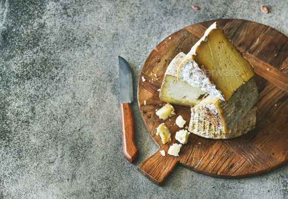 Cheese assortment on board, copy space - Stock Photo - Images