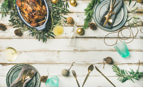 Christmas or New Year celebration table setting, wide composition - Stock Photo - Images