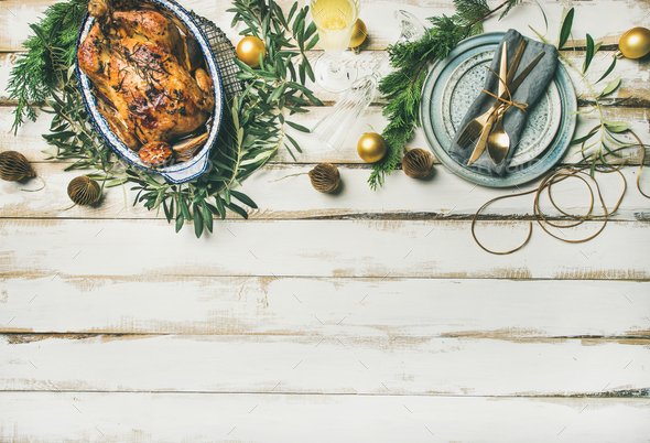 Christmas or New Year celebration table setting, copy space - Stock Photo - Images