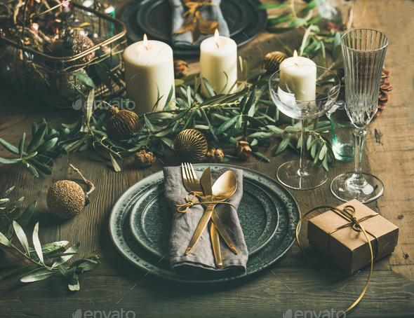 Christmas or New Years eve celebration party table setting - Stock Photo - Images