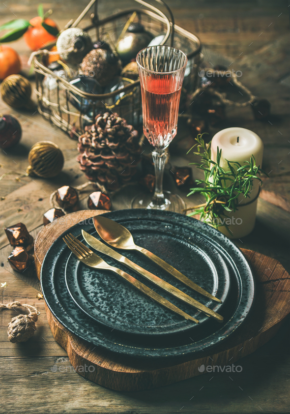 Christmas or New Years eve holiday table setting - Stock Photo - Images