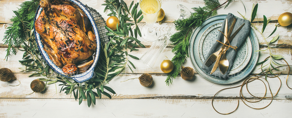 Christmas or New Year celebration table setting, wide composition - Stock Photo - Images