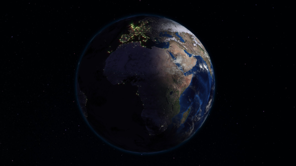 Realistic Earth Rotating in Space. On the Planet Earth is Visible the Change of Day and Night