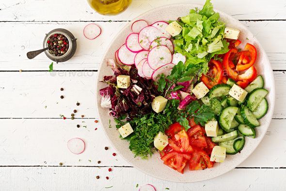 Mix Salad From Fresh Vegetables And Greens Herbs Dietary Menu Stock Photo By Timolina