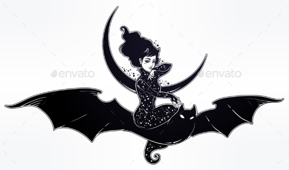 Witch Girl Flyng on a Bat Over the Moon - Monsters Characters