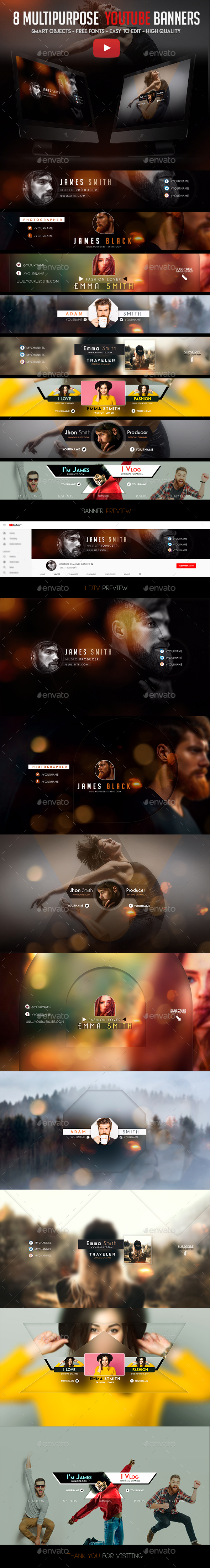 8 Creative MultiPurpose YouTube Banners - Social Media Web Elements