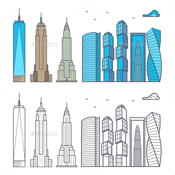 Linear and Colorful City Skyscrapers Isolated on - Buildings Objects
