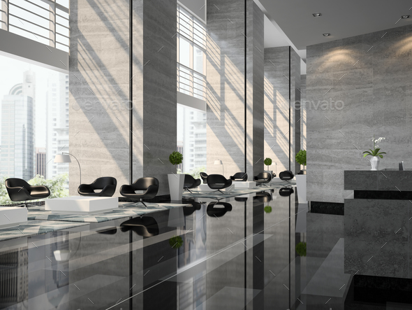 Interior of a hotel reception 3D illustration - Stock Photo - Images
