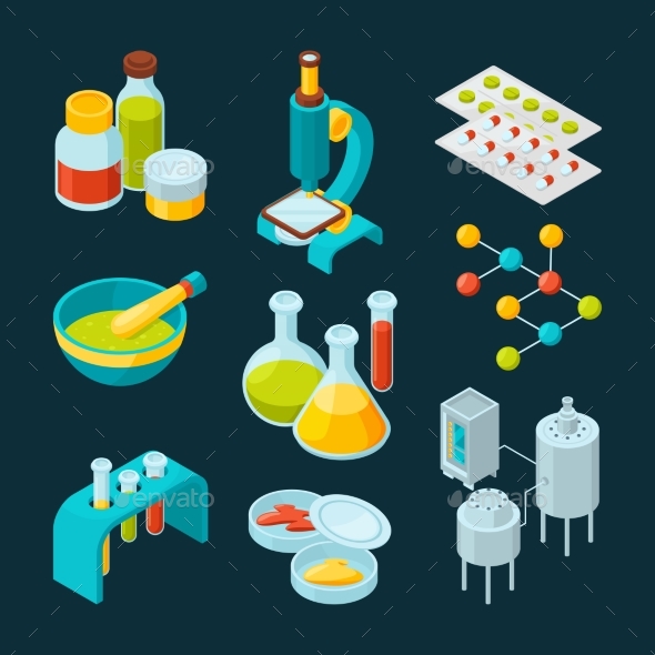 Isometric Icons Set of Pharmaceutical Industry - Man-made Objects Objects