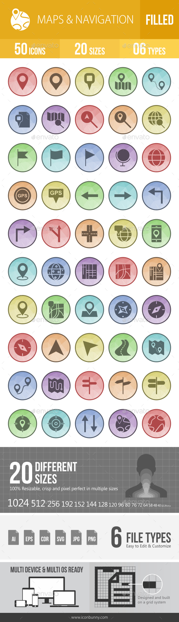 GraphicRiver 50 Maps & Navigation Filled Low Poly Icons 21176098