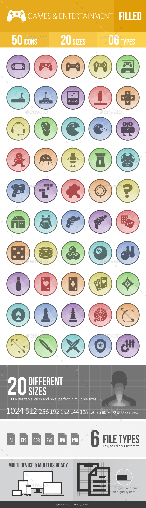 50 Games & Entertainment Filled Low Poly Icons - Icons