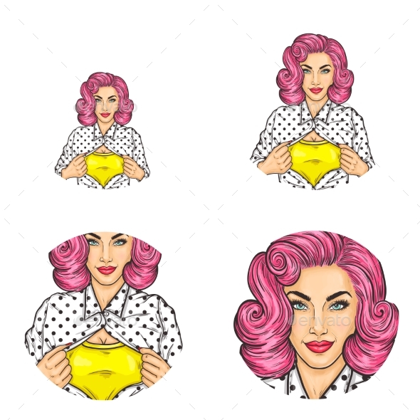 Pink Head Girl Unbuttoning Blouse Showing T-Shirt - Miscellaneous Vectors