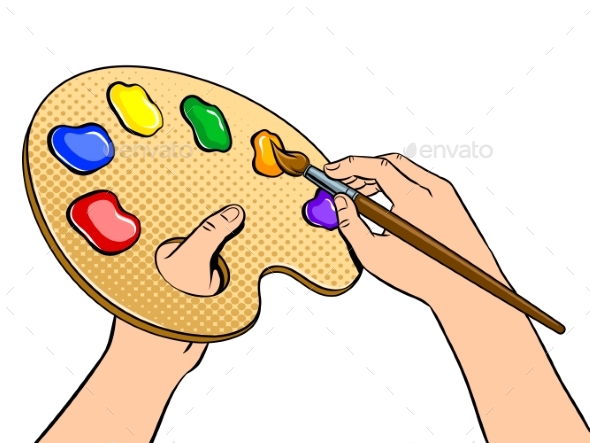 Palette with Paints in Artist Hands Pop Art Vector