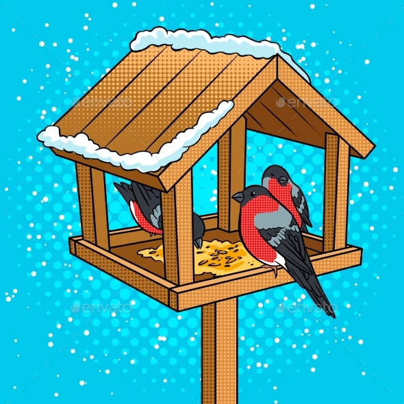 Winter Bird Feeder Pop Art Vector Illustration