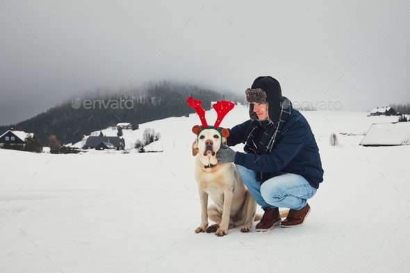 Funny walk with dog in the snowy landscape - Stock Photo - Images