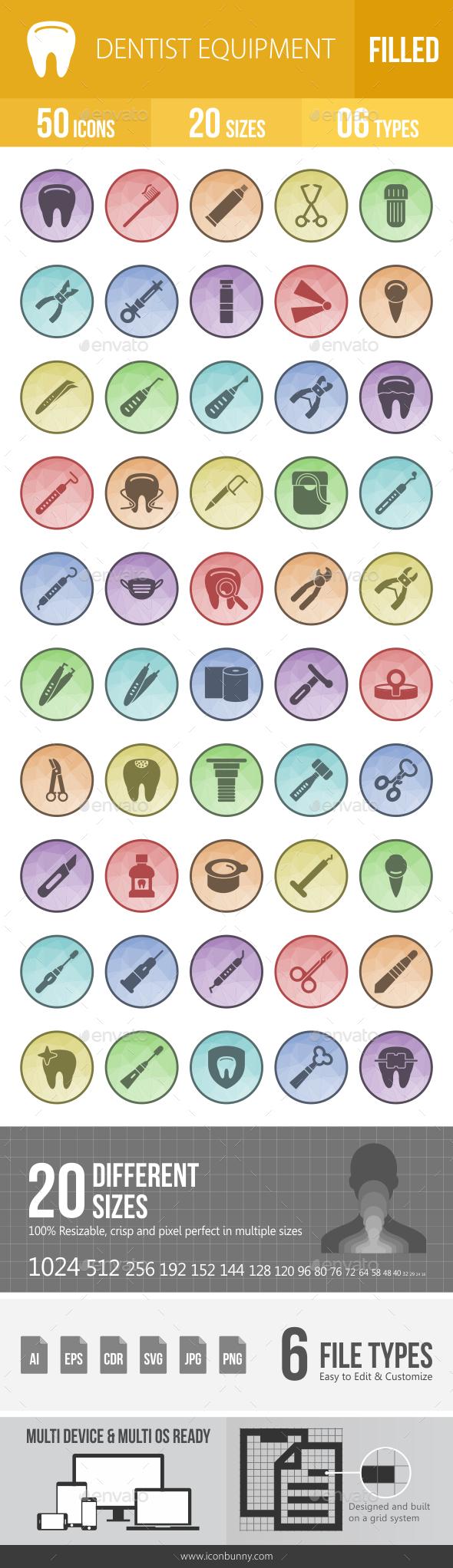 50 Dentist Equipment Filled Low Poly Icons - Icons