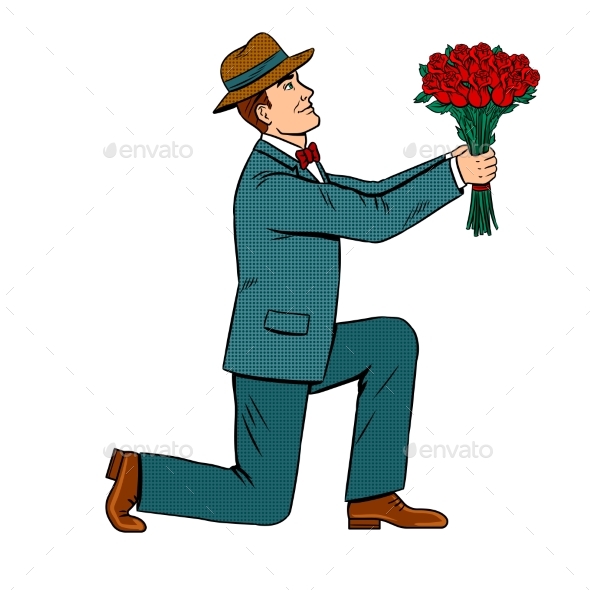 Man Gives Flowers Bouquet Pop Art Vector