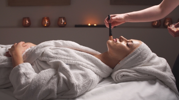 Cosmetician Applying Facial Mask To the Face of Young Woman in Spa Salon. alt