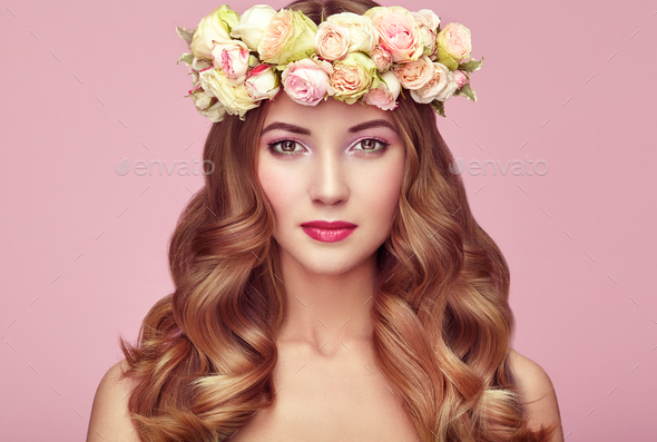 Beautiful blonde woman with flower wreath on her head - Stock Photo - Images