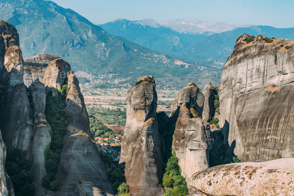 Meteora limestone rocks, Greece - Stock Photo - Images