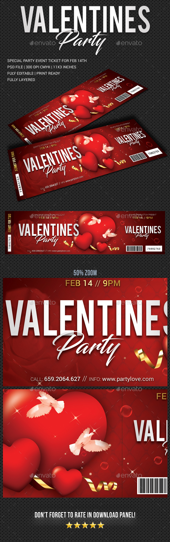 Valentines Party Event Ticket - Cards & Invites Print Templates