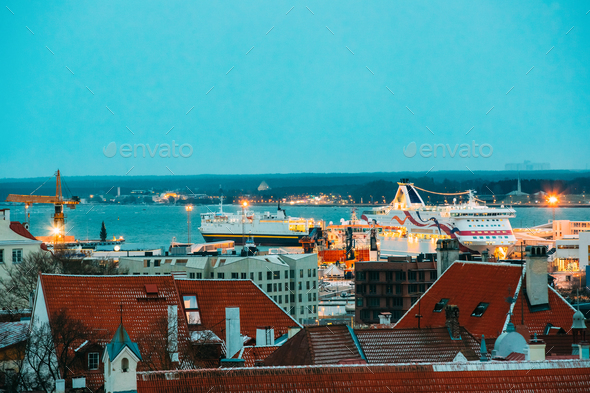 Tallinn, Estonia. Modern Ferry Ferryboat At Pier Awaiting Loadin - Stock Photo - Images