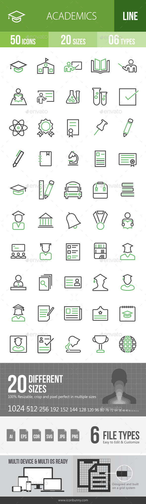 50 Academics Green & Balck Line Icons - Icons