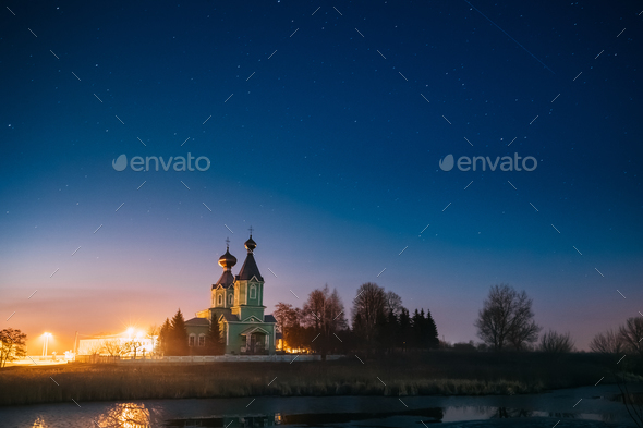 Old Russian Wooden Orthodox Church Of The Holy Trinity Under Nig - Stock Photo - Images