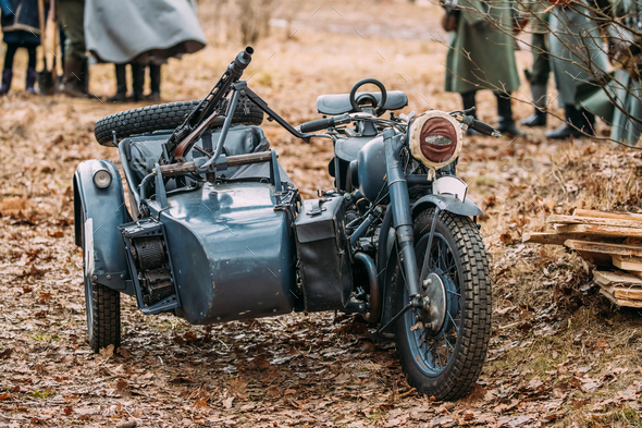 Old Tricar, Three-Wheeled Motorbike With Machine Gun On Sidecar Stock Photo by Grigory_bruev