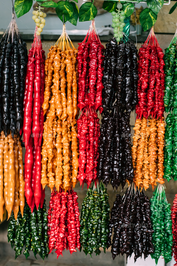 Colorful Churchkhela Is A Traditional Georgian Sausage-shaped Ca - Stock Photo - Images