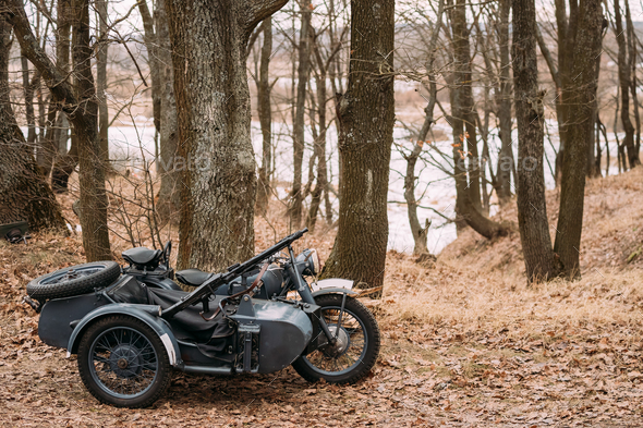 Old Tricar, Three-Wheeled Motorbike With Machine Gun On Sidecar Stock Photo by Grigory_bruev