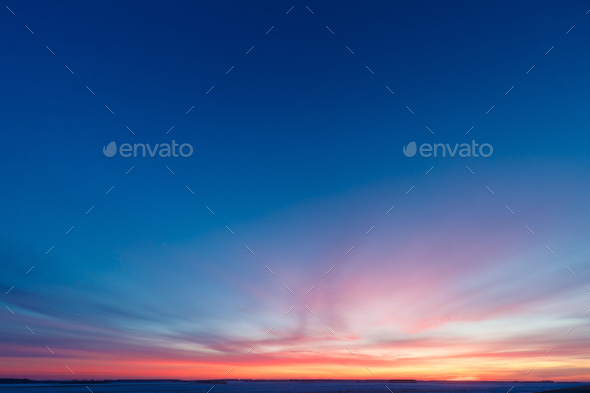 Natural Sunset Sunrise Over Field Or Meadow. Bright Dramatic Sky - Stock Photo - Images