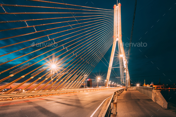 Vansu Bridge In Riga, Latvia. Shroud Bridge. Cable-Stayed Bridg - Stock Photo - Images