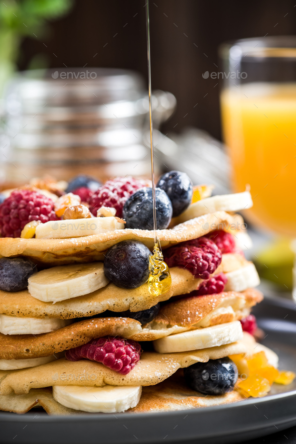 Pancakes tower stack for Pancake day or Shrove Tuesday Stock Photo by merc67