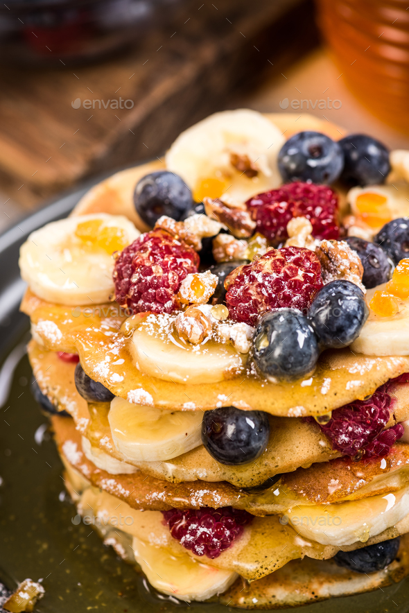 Pancakes tower stack for Pancake day or Shrove Tuesday Stock Photo by merc67