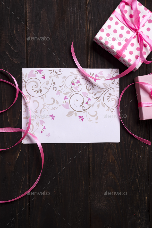 post card pink heart and gift box - Stock Photo - Images