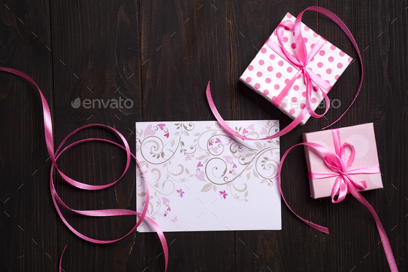 post card pink heart and gift box - Stock Photo - Images