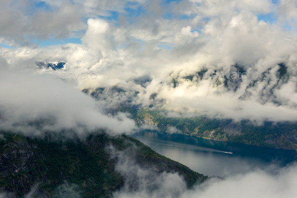 Stagastein viewpoint with panoramic views of the famous Aurlandsfjorden fjord - Stock Photo - Images