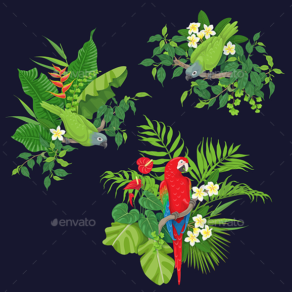 Green Parrots and Red Macaw on Tree Branch - Animals Characters