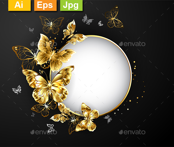 Round Banner with Gold Butterflies - Borders Decorative